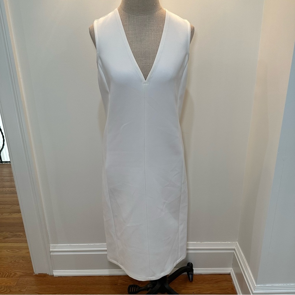 BCBG Maxazria White V Neck Midi Dress with Subtle Back Cut Out — Size XS